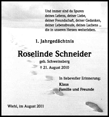 Anzeige von Roselinde Schneider von Kölner Stadt-Anzeiger / Kölnische Rundschau / Express