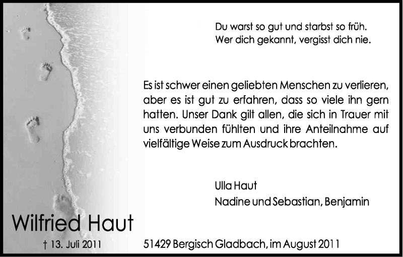  Traueranzeige für Wilfried Haut vom 20.08.2011 aus Kölner Stadt-Anzeiger / Kölnische Rundschau / Express