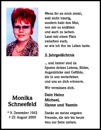 Anzeige von Monika Schneefeld von Kölner Stadt-Anzeiger / Kölnische Rundschau / Express