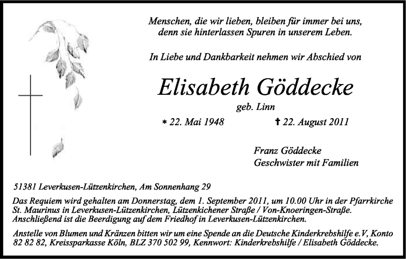  Traueranzeige für Elisabeth Göddecke vom 27.08.2011 aus Kölner Stadt-Anzeiger / Kölnische Rundschau / Express