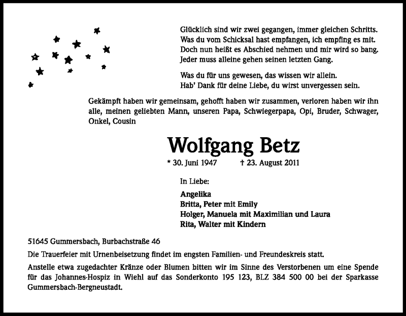  Traueranzeige für Wolfgang Betz vom 27.08.2011 aus Kölner Stadt-Anzeiger / Kölnische Rundschau / Express