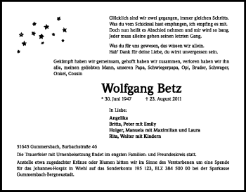 Anzeige von Wolfgang Betz von Kölner Stadt-Anzeiger / Kölnische Rundschau / Express