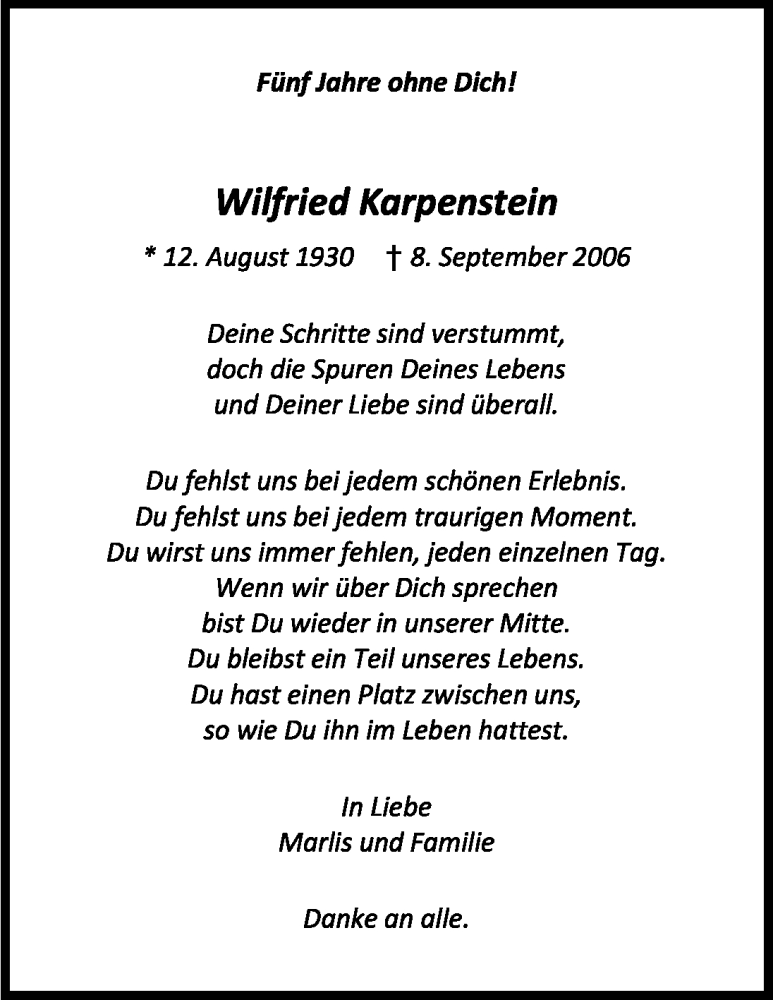  Traueranzeige für Wilfried Karpenstein vom 08.09.2011 aus Kölner Stadt-Anzeiger / Kölnische Rundschau / Express