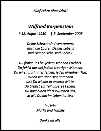 Anzeige von Wilfried Karpenstein von Kölner Stadt-Anzeiger / Kölnische Rundschau / Express