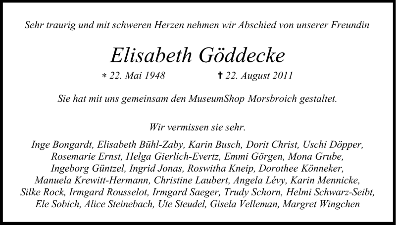  Traueranzeige für Elisabeth Göddecke vom 01.09.2011 aus Kölner Stadt-Anzeiger / Kölnische Rundschau / Express