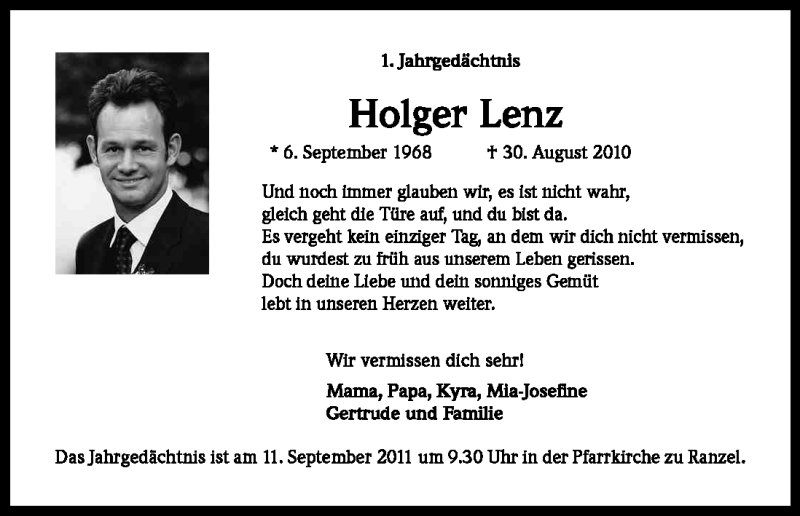  Traueranzeige für Holger Lenz vom 08.09.2011 aus Kölner Stadt-Anzeiger / Kölnische Rundschau / Express