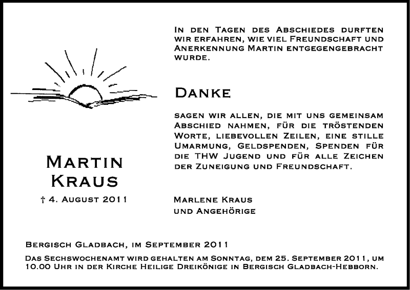  Traueranzeige für Martin Kraus vom 13.09.2011 aus Kölner Stadt-Anzeiger / Kölnische Rundschau / Express