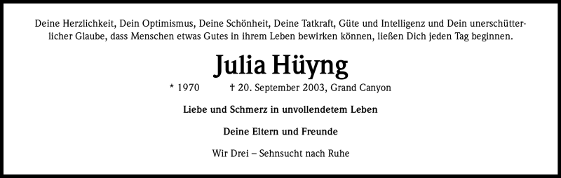  Traueranzeige für Julia Hüyng vom 17.09.2011 aus Kölner Stadt-Anzeiger / Kölnische Rundschau / Express