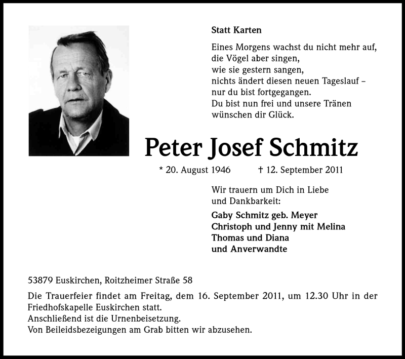 Traueranzeige für Peter Josef Schmitz vom 14.09.2011 aus Kölner Stadt-Anzeiger / Kölnische Rundschau / Express