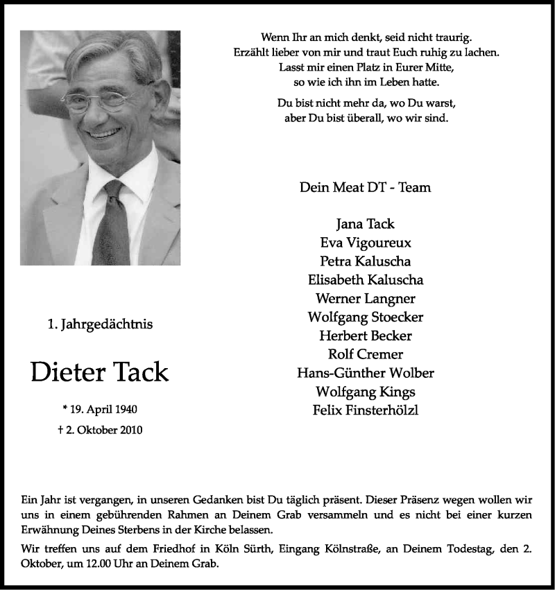  Traueranzeige für Dieter Tack vom 24.09.2011 aus Kölner Stadt-Anzeiger / Kölnische Rundschau / Express
