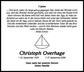 Anzeige von Christoph Overhage von Kölner Stadt-Anzeiger / Kölnische Rundschau / Express