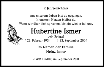 Anzeige von Hubertine Ismer von Kölner Stadt-Anzeiger / Kölnische Rundschau / Express