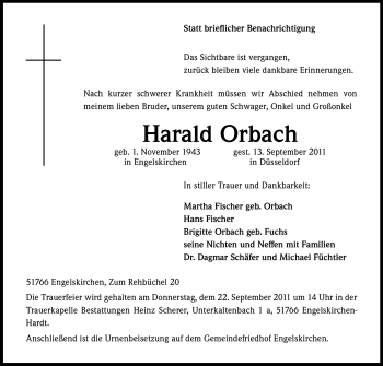 Anzeige von Harald Orbach von Kölner Stadt-Anzeiger / Kölnische Rundschau / Express