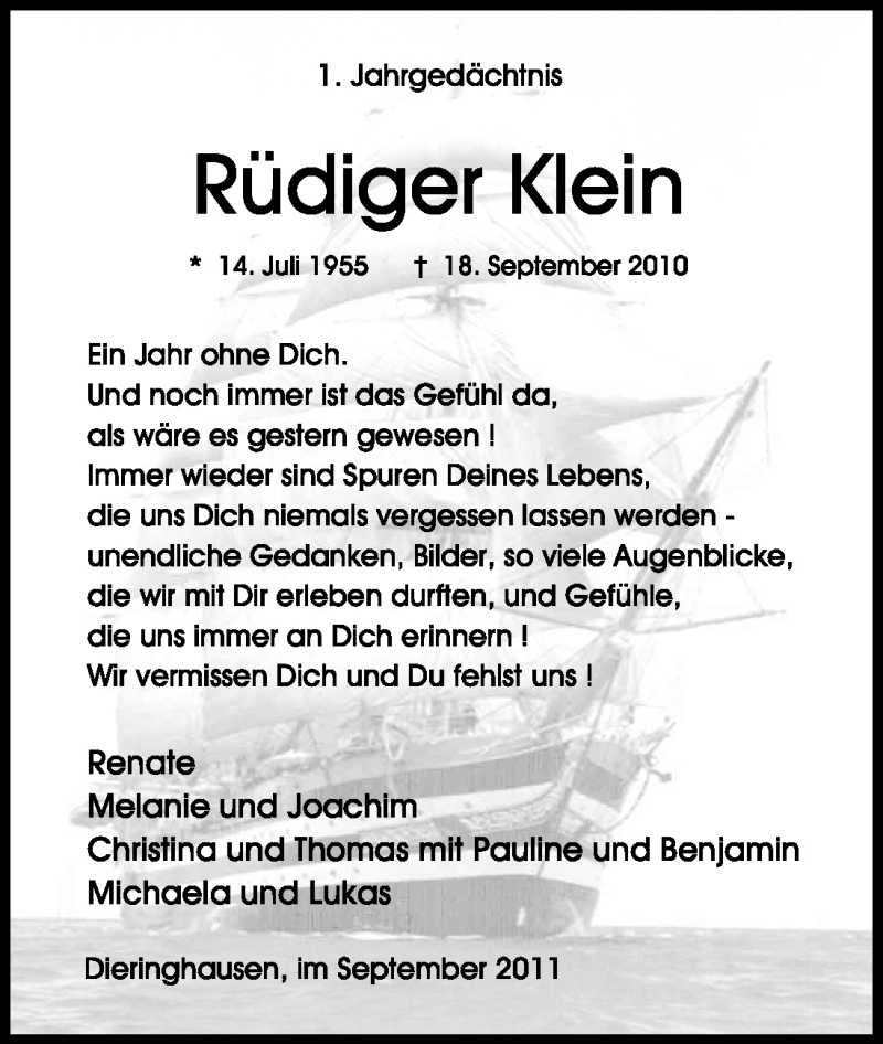  Traueranzeige für Rüdiger Klein vom 17.09.2011 aus Kölner Stadt-Anzeiger / Kölnische Rundschau / Express