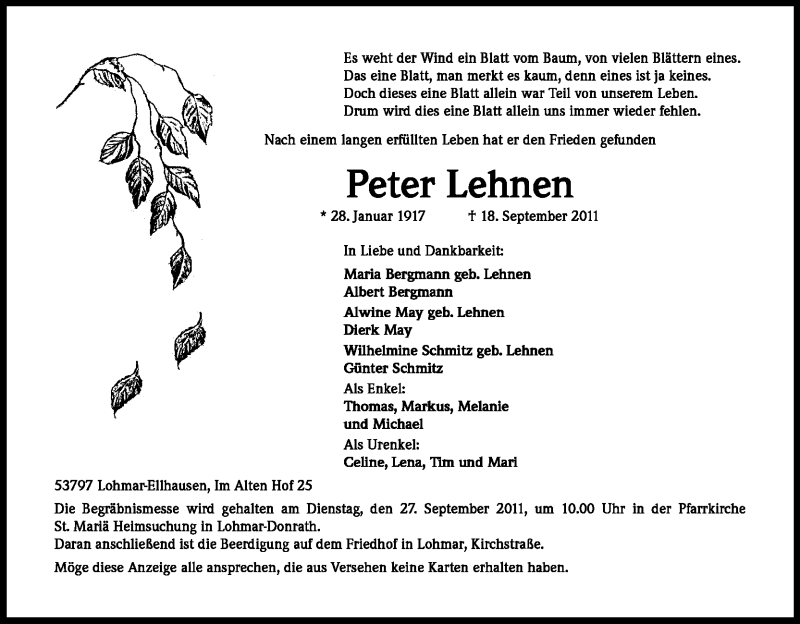  Traueranzeige für Peter Lehnen vom 24.09.2011 aus Kölner Stadt-Anzeiger / Kölnische Rundschau / Express