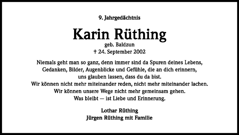  Traueranzeige für Karin Rüthing vom 24.09.2011 aus Kölner Stadt-Anzeiger / Kölnische Rundschau / Express
