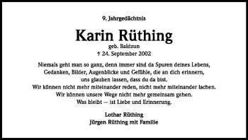 Anzeige von Karin Rüthing von Kölner Stadt-Anzeiger / Kölnische Rundschau / Express