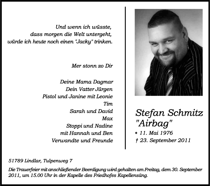  Traueranzeige für Stefan Schmitz vom 27.09.2011 aus Kölner Stadt-Anzeiger / Kölnische Rundschau / Express