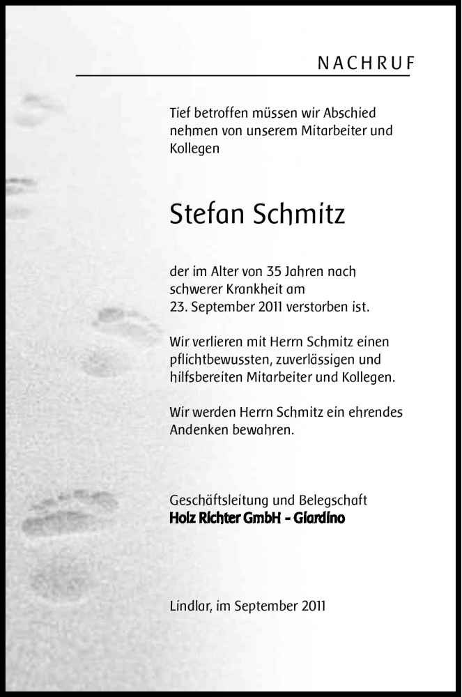  Traueranzeige für Stefan Schmitz vom 29.09.2011 aus Kölner Stadt-Anzeiger / Kölnische Rundschau / Express