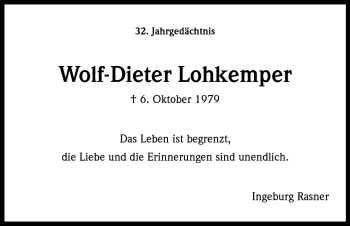 Anzeige von Wolf-Dieter Lohkemper von Kölner Stadt-Anzeiger / Kölnische Rundschau / Express