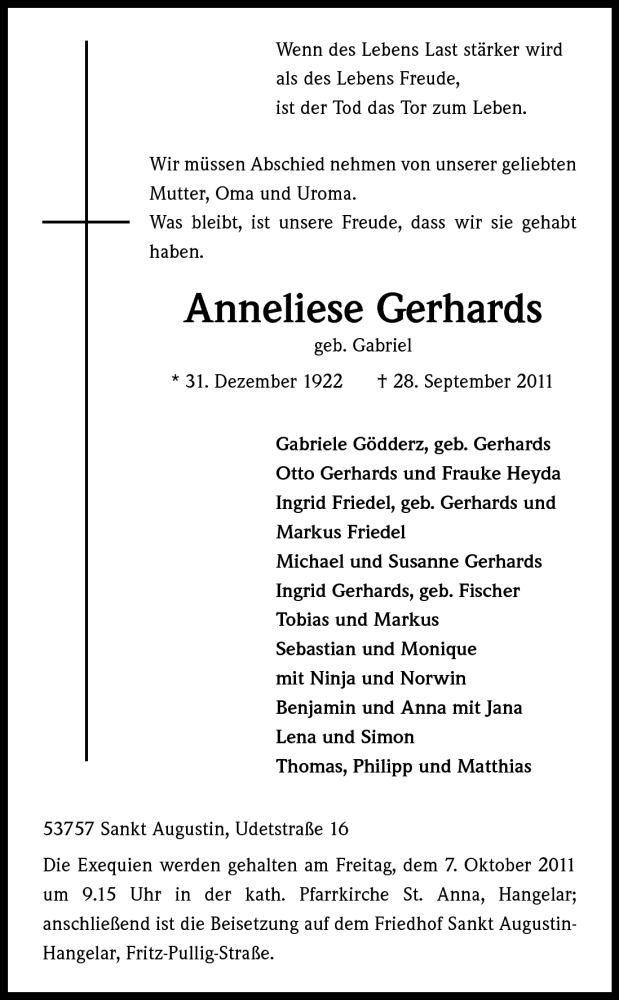  Traueranzeige für Anneliese Gerhards vom 01.10.2011 aus Kölner Stadt-Anzeiger / Kölnische Rundschau / Express