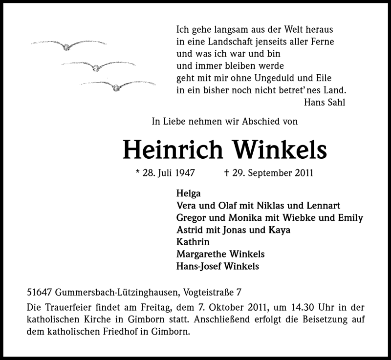  Traueranzeige für Heinrich Winkels vom 05.10.2011 aus Kölner Stadt-Anzeiger / Kölnische Rundschau / Express