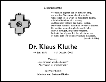 Anzeige von Klaus Kluthe von Kölner Stadt-Anzeiger / Kölnische Rundschau / Express