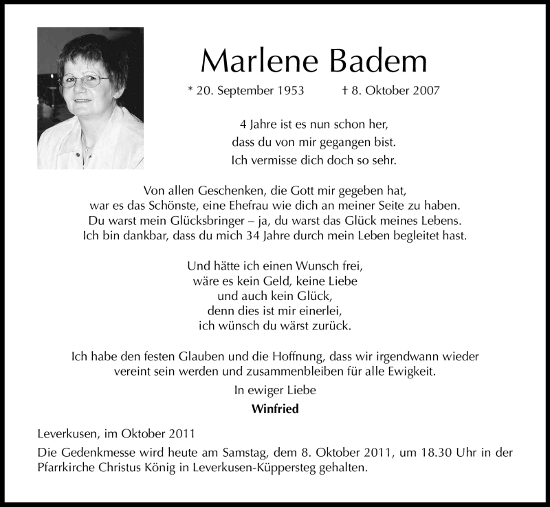  Traueranzeige für Marlene Badem vom 08.10.2011 aus Kölner Stadt-Anzeiger / Kölnische Rundschau / Express