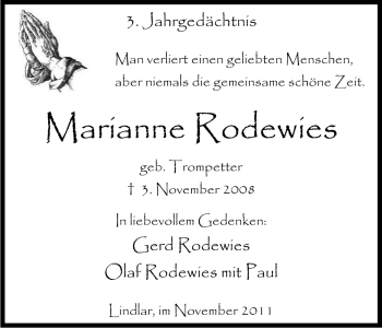 Anzeige von Marianne Rodewies von Kölner Stadt-Anzeiger / Kölnische Rundschau / Express