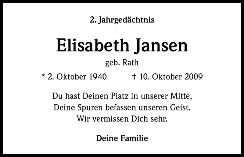  Traueranzeige für Elisabeth Jansen vom 08.10.2011 aus Kölner Stadt-Anzeiger / Kölnische Rundschau / Express