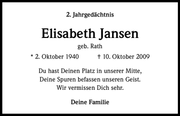 Anzeige von Elisabeth Jansen von Kölner Stadt-Anzeiger / Kölnische Rundschau / Express