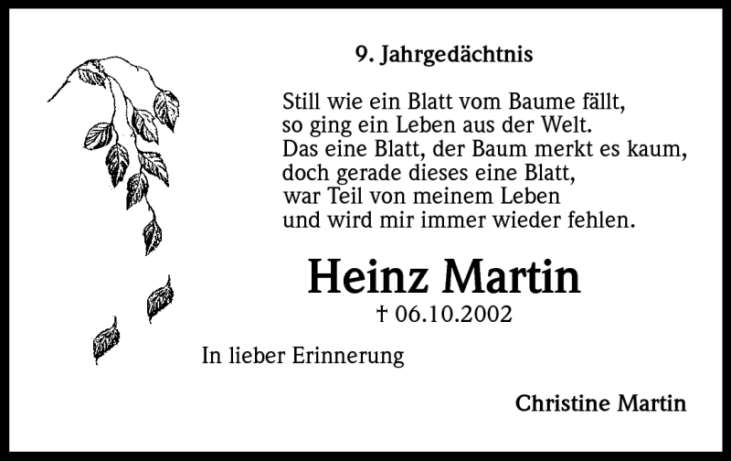  Traueranzeige für Heinz Martin vom 06.10.2011 aus Kölner Stadt-Anzeiger / Kölnische Rundschau / Express