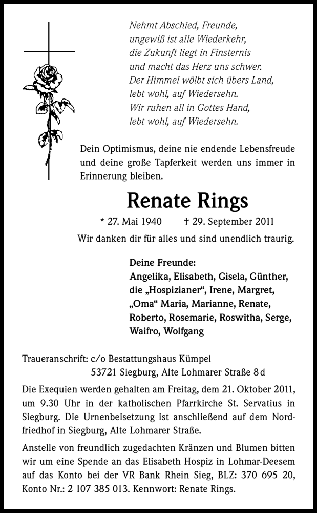  Traueranzeige für Renate Rings vom 17.10.2011 aus Kölner Stadt-Anzeiger / Kölnische Rundschau / Express