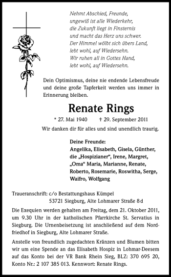 Anzeige von Renate Rings von Kölner Stadt-Anzeiger / Kölnische Rundschau / Express