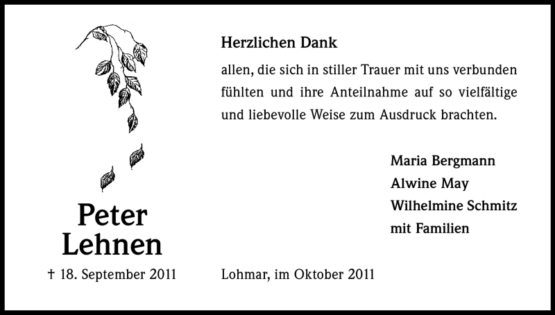  Traueranzeige für Peter Lehnen vom 11.10.2011 aus Kölner Stadt-Anzeiger / Kölnische Rundschau / Express