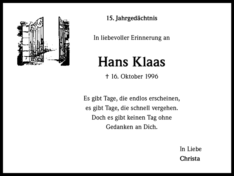  Traueranzeige für Hans Klaas vom 15.10.2011 aus Kölner Stadt-Anzeiger / Kölnische Rundschau / Express