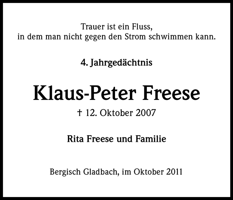  Traueranzeige für Klaus-Peter Freese vom 12.10.2011 aus Kölner Stadt-Anzeiger / Kölnische Rundschau / Express