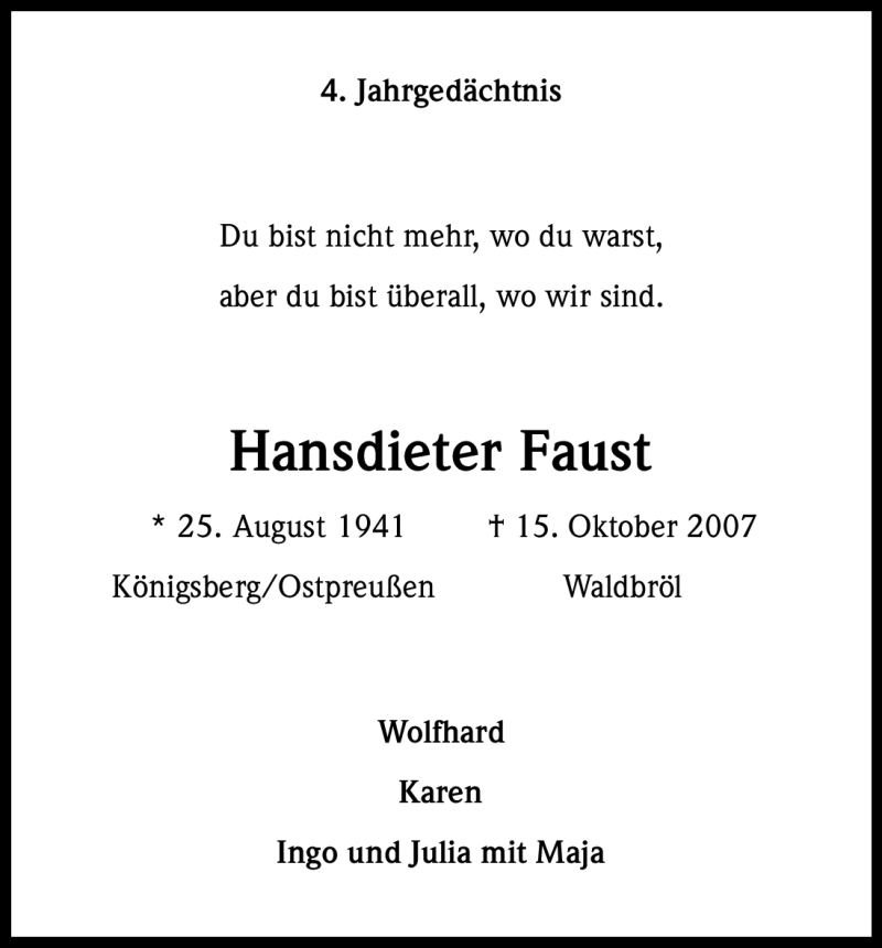  Traueranzeige für Hansdieter Faust vom 15.10.2011 aus Kölner Stadt-Anzeiger / Kölnische Rundschau / Express