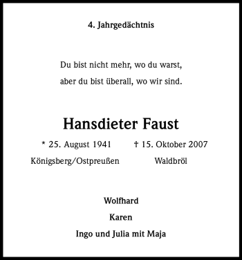 Anzeige von Hansdieter Faust von Kölner Stadt-Anzeiger / Kölnische Rundschau / Express