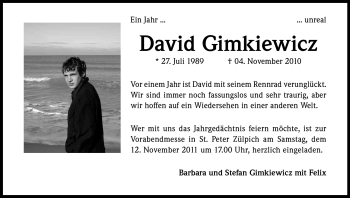 Anzeige von David Gimkiewicz von Kölner Stadt-Anzeiger / Kölnische Rundschau / Express