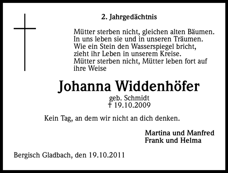  Traueranzeige für Johanna Widdenhöfer vom 19.10.2011 aus Kölner Stadt-Anzeiger / Kölnische Rundschau / Express