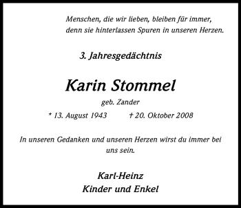 Anzeige von Karin Stommel von Kölner Stadt-Anzeiger / Kölnische Rundschau / Express