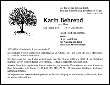 Anzeige von Karin Behrend von Kölner Stadt-Anzeiger / Kölnische Rundschau / Express