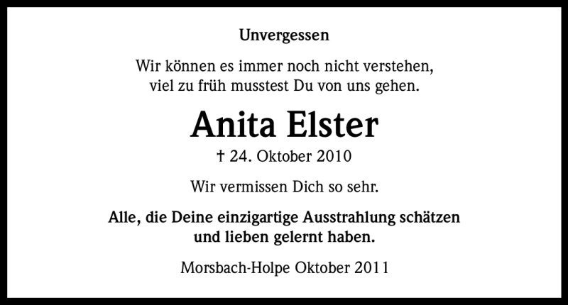  Traueranzeige für Anita Elster vom 24.10.2011 aus Kölner Stadt-Anzeiger / Kölnische Rundschau / Express