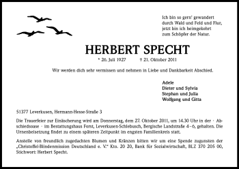 Anzeige von Herbert Specht von Kölner Stadt-Anzeiger / Kölnische Rundschau / Express