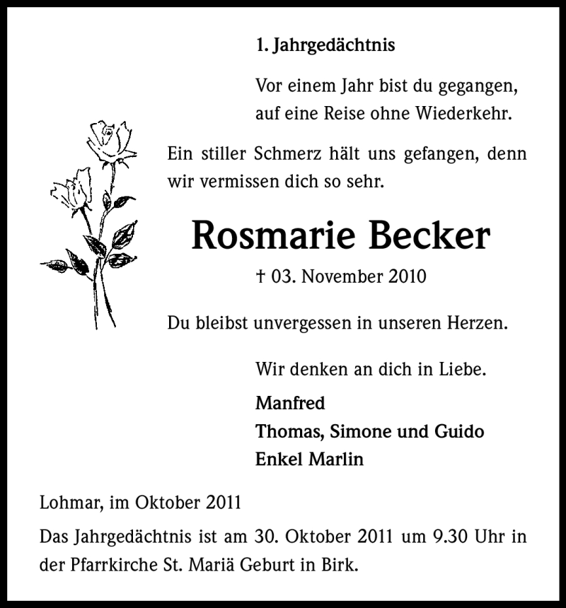  Traueranzeige für Rosmarie Becker vom 26.10.2011 aus Kölner Stadt-Anzeiger / Kölnische Rundschau / Express
