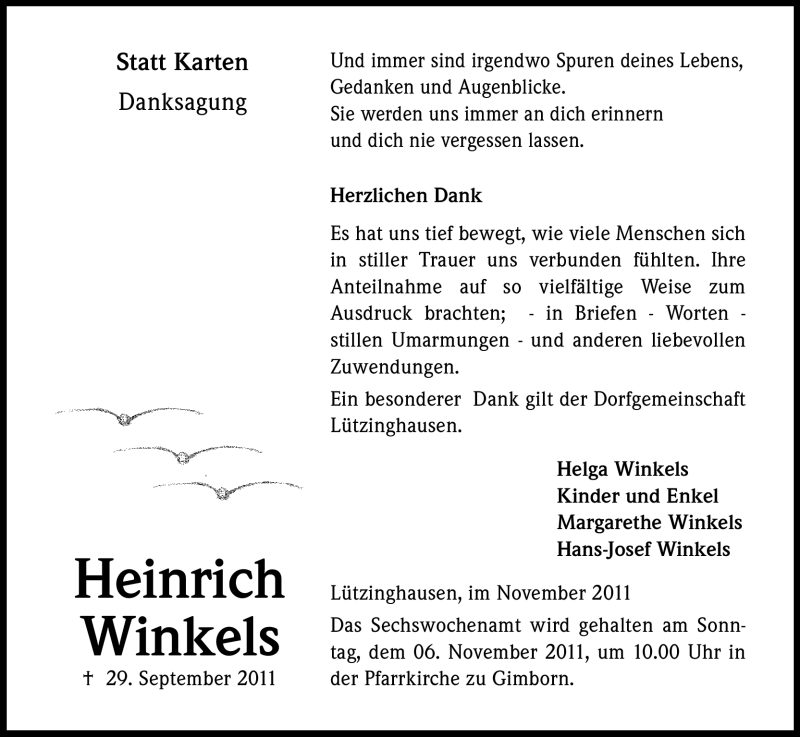 Traueranzeige für Heinrich Winkels vom 01.11.2011 aus Kölner Stadt-Anzeiger / Kölnische Rundschau / Express