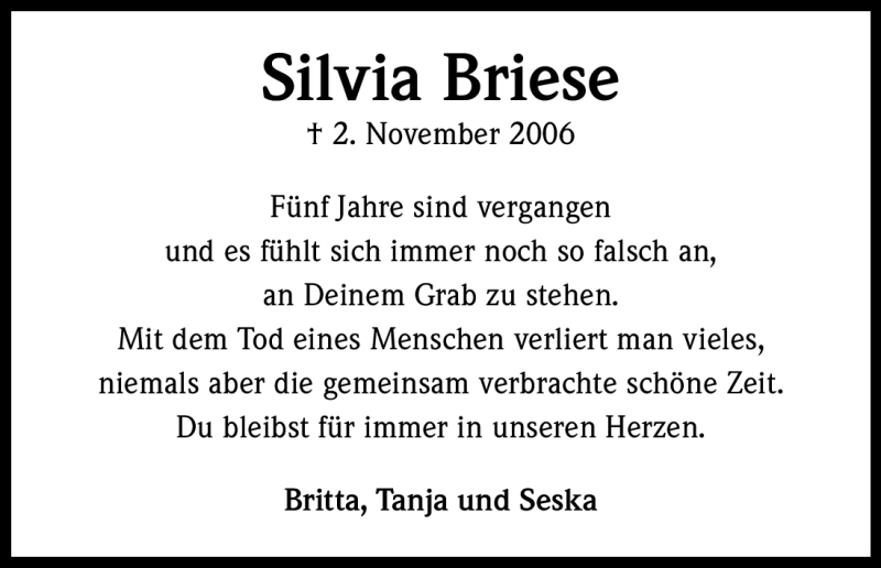  Traueranzeige für Silvia Briese vom 01.11.2011 aus Kölner Stadt-Anzeiger / Kölnische Rundschau / Express