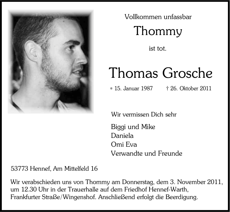  Traueranzeige für Thomas Grosche vom 31.10.2011 aus Kölner Stadt-Anzeiger / Kölnische Rundschau / Express