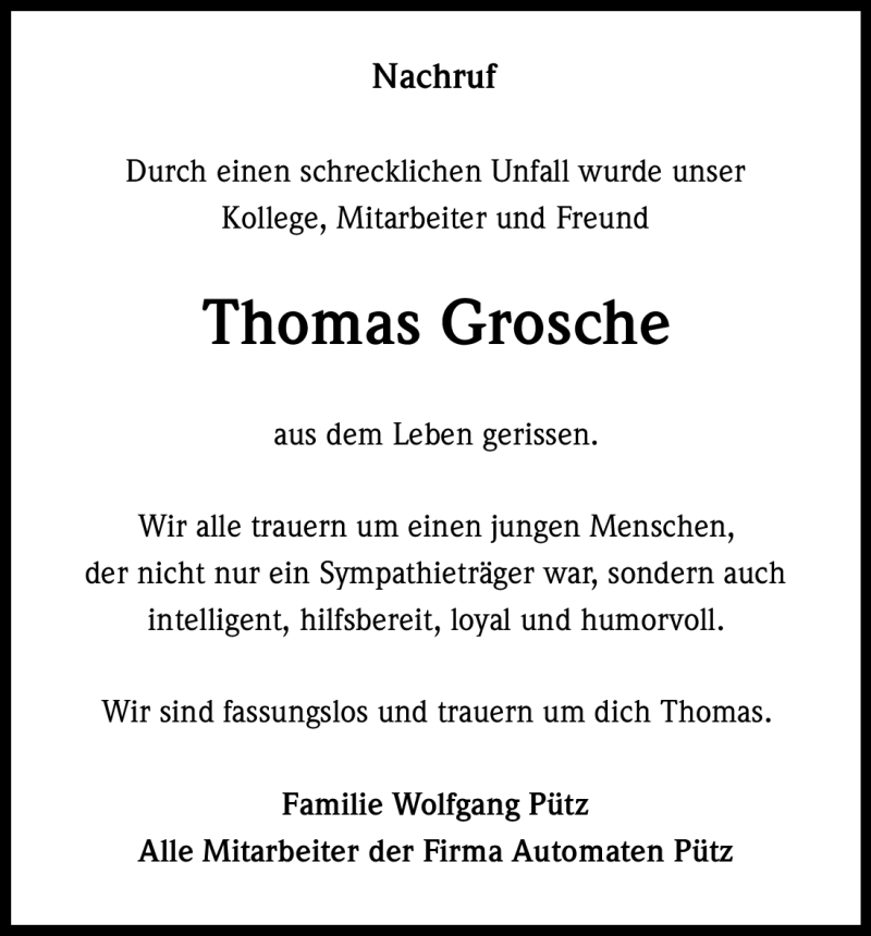  Traueranzeige für Thomas Grosche vom 31.10.2011 aus Kölner Stadt-Anzeiger / Kölnische Rundschau / Express